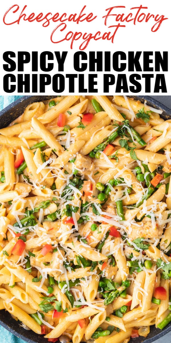 Spicy Chicken Chipotle Pasta is a Cheesecake Factory copycat recipe. This flavorful pasta dish is full of honey glazed chicken, asparagus, peppers, peas, garlic and onion in a spicy chipotle parmesan cream sauce. No need for going out when you can make this at home! | www.persnicketyplates.com