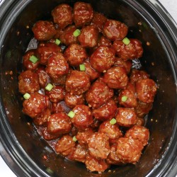 overhead shot of meatballs in a slow cooker