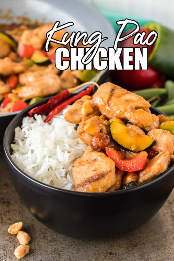 bowl of kung pao chicken with title text overlay