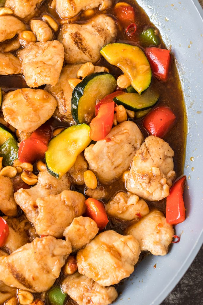 closeup of kung pao chicken in skillet