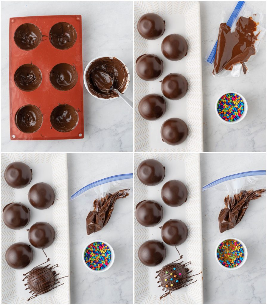 collage of creating hot cocoa bombs in a silicone mold - spreading in chocolate, drizzling, and adding rainbow chips