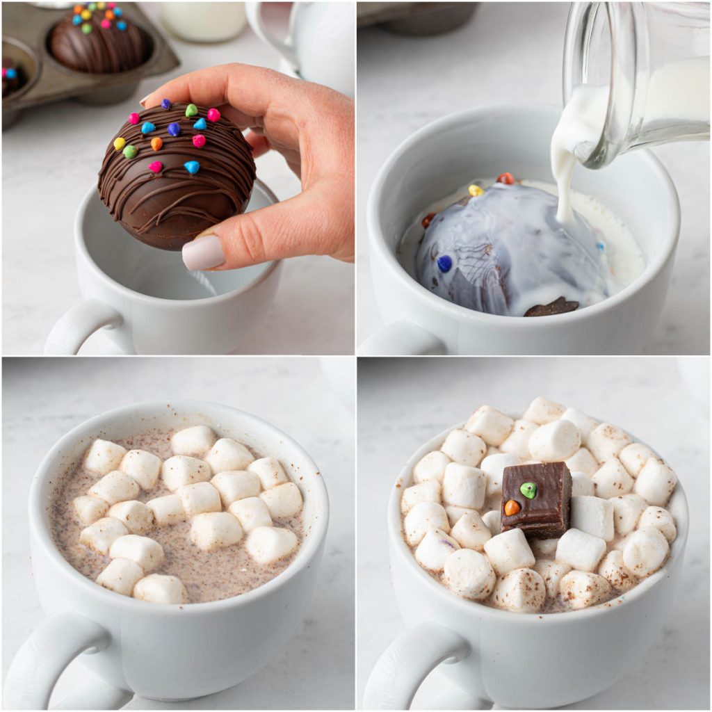 collage of placing a hot cocoa bomb into a mug, pouring in milk, and topped with marshmallows