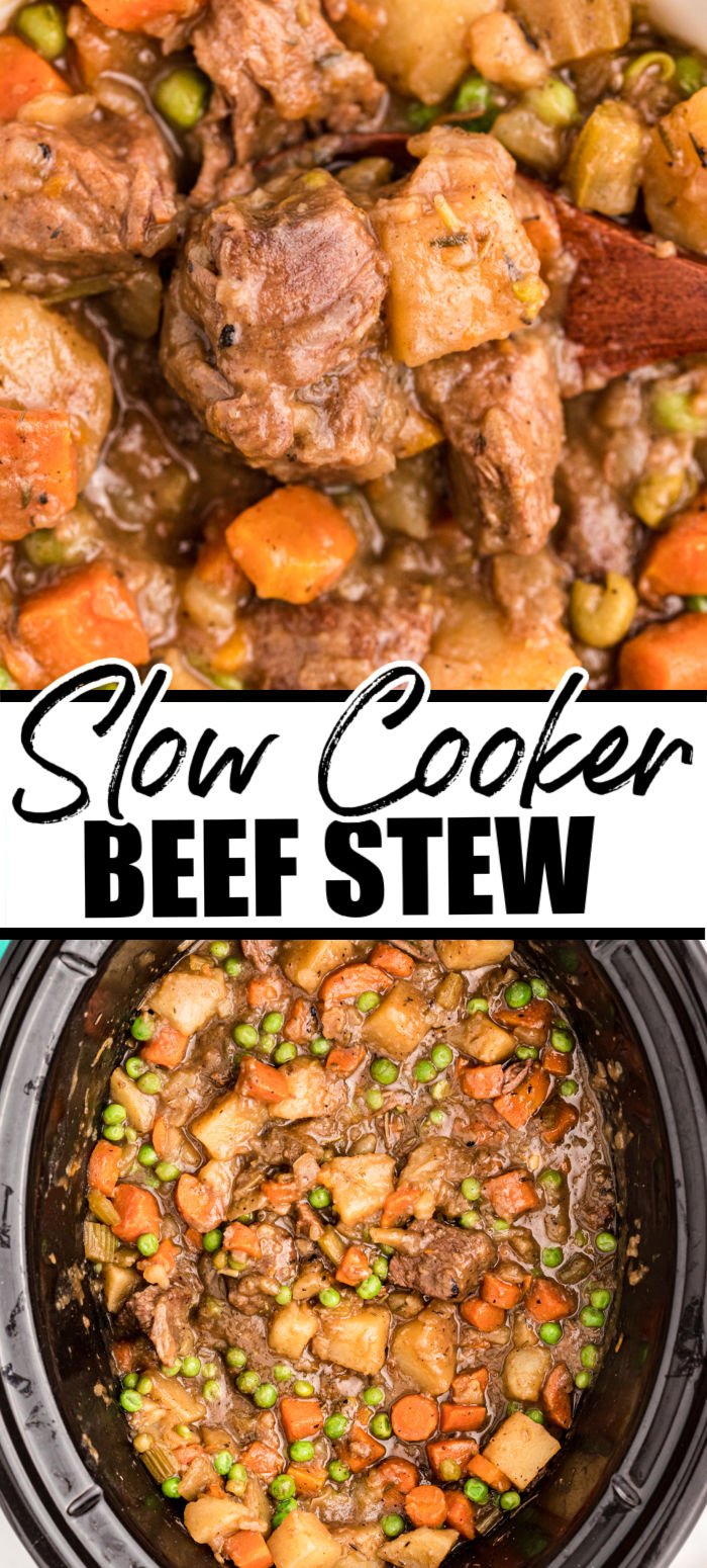 Easy slow cooker beef stew is thick and hearty and the definition of comfort food. Made in the crockpot, this stew is filled with tender beef, carrots, and peas and is a family favorite. | www.persnicketyplates.com