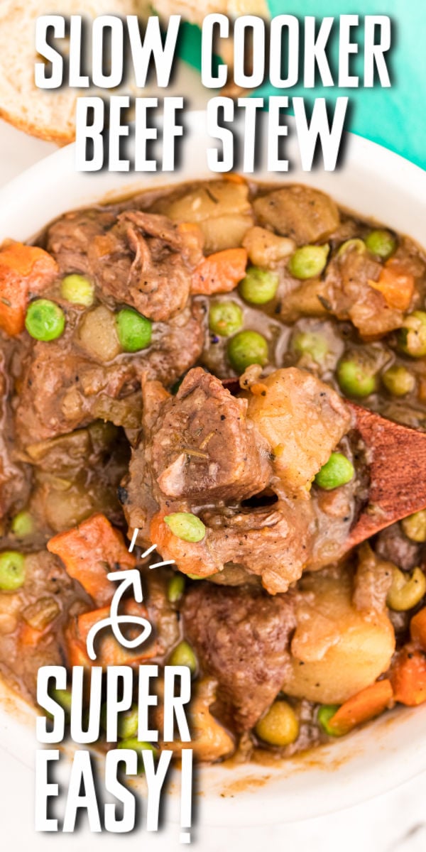 Easy slow cooker beef stew is thick and hearty and the definition of comfort food. Made in the crockpot, this stew is filled with tender beef, carrots, and peas and is a family favorite. | www.persnicketyplates.com