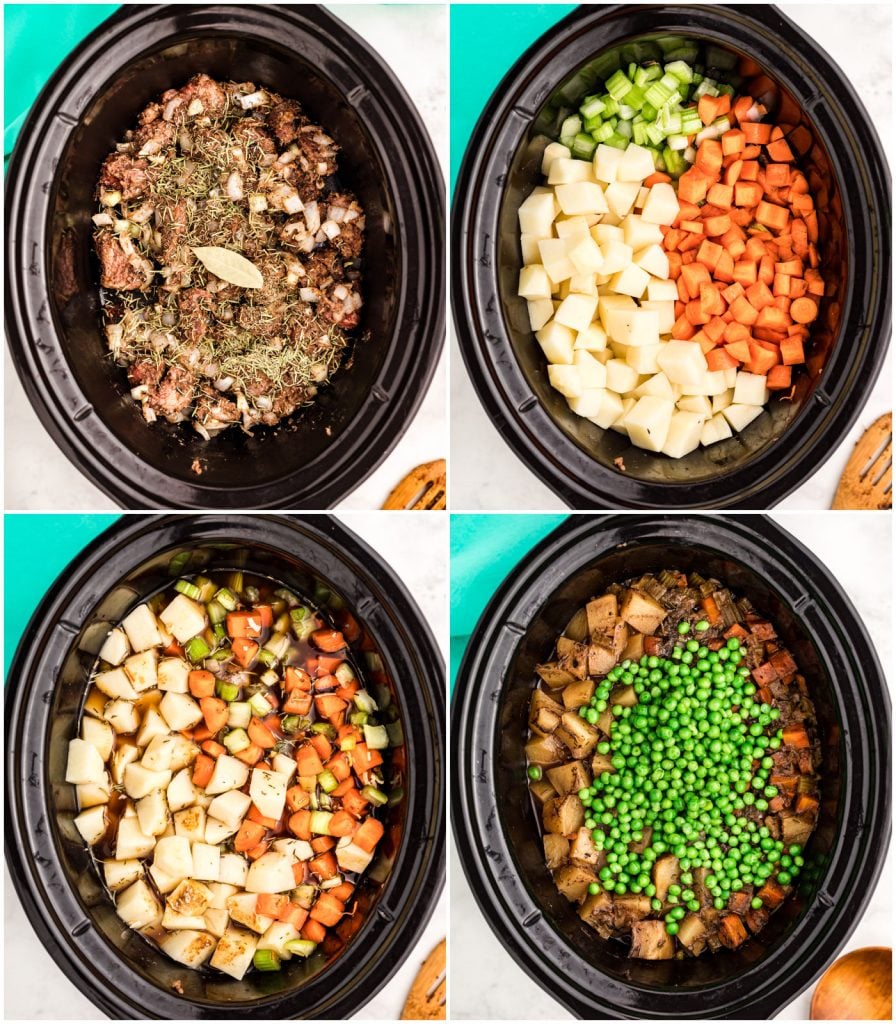 collage of making beef stew in slow cooker