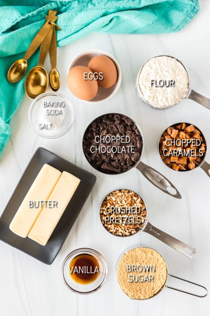 overhead shot of ingredients laid out in bowls to make cookies