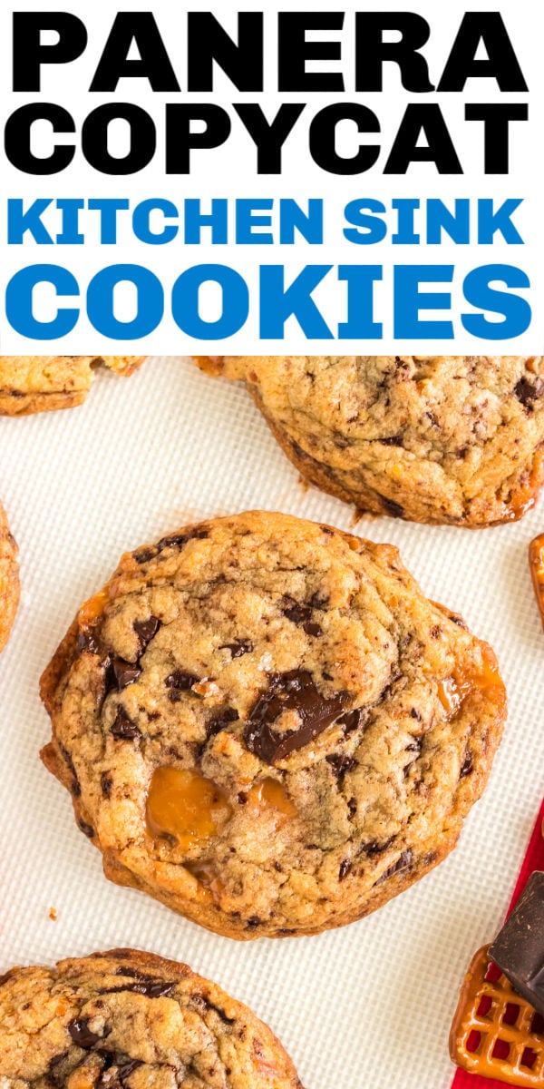 Filled with chocolate, caramel, and crushed pretzels, these Kitchen Sink Cookies are a Panera Bread copycat and the perfect blend of salty and sweet. One of these jumbo cookies is plenty to share, but you probably won't want to! | www.persnicketyplates.com