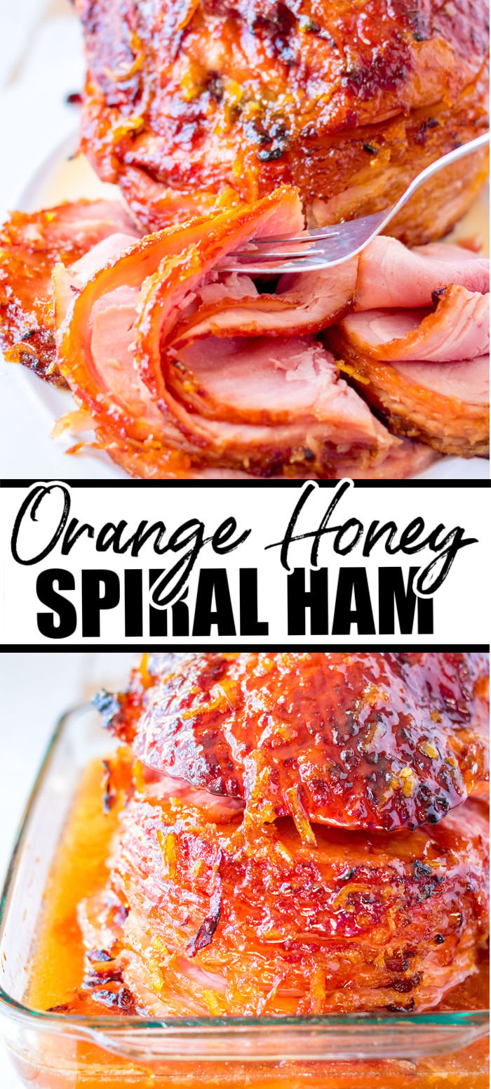 Orange Honey Spiral Ham is juicy, sweet, and perfect for a holiday dinner table. With only four ingredients, this glazed baked ham is a winner! | www.persnicketyplates.com