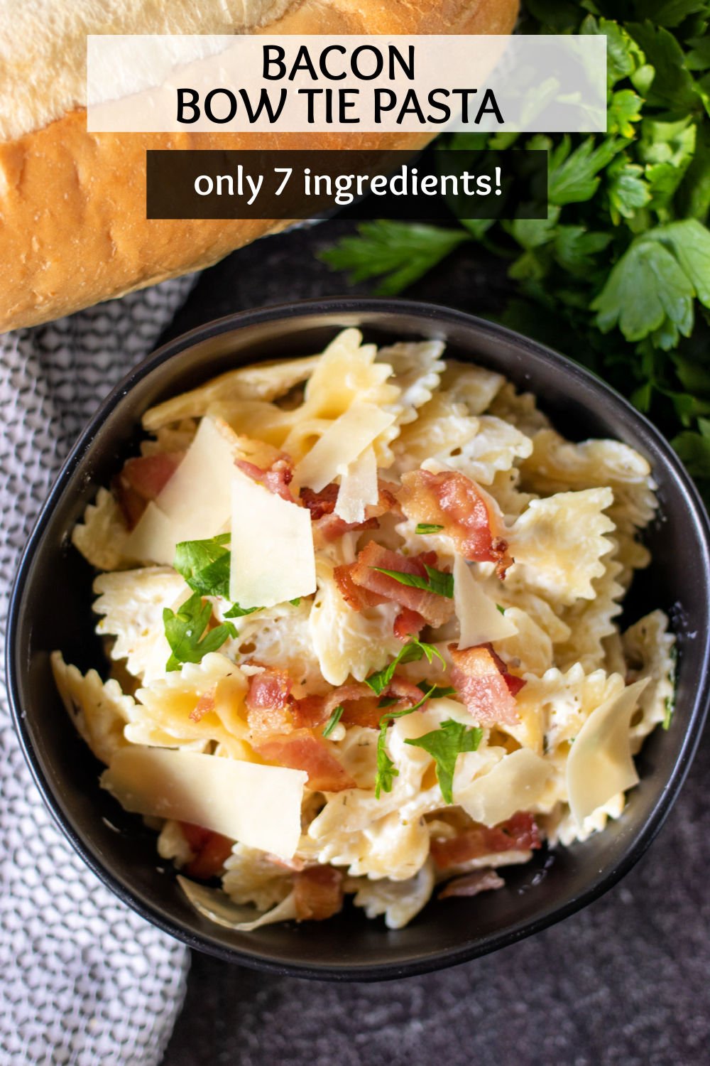 Creamy Bow Tie Pasta with bacon is simple comfort food that is easy to customize with grilled chicken, veggies, or delicious as is. With only seven ingredients and 30 minutes, you can have a family favorite on the table. | www.persnicketyplates.com