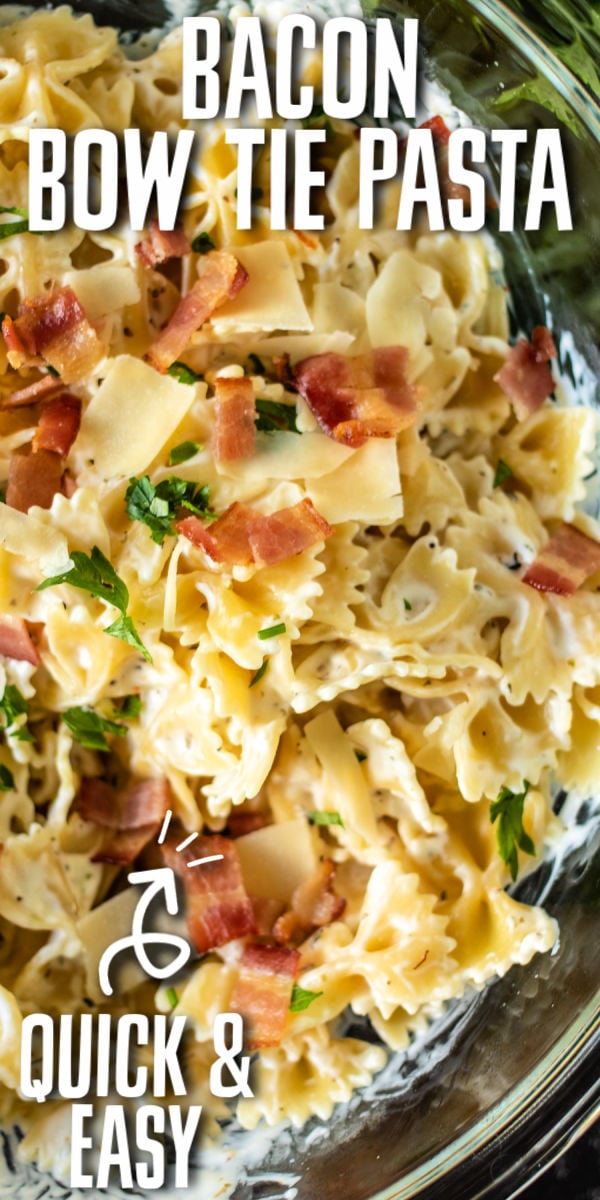 Creamy Bow Tie Pasta with bacon is simple comfort food that is easy to customize with grilled chicken, veggies, or delicious as is. With only seven ingredients and 30 minutes, you can have a family favorite on the table. | www.persnicketyplates.com