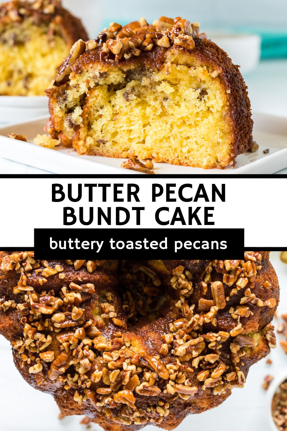 Butter Pecan Bundt Cake starts with a yellow cake mix, is filled with chopped pecans, and is topped with a buttery, sweet glaze full of toasted pecans. Perfect for any occasion and highly addictive! | www.persnicketyplates.com