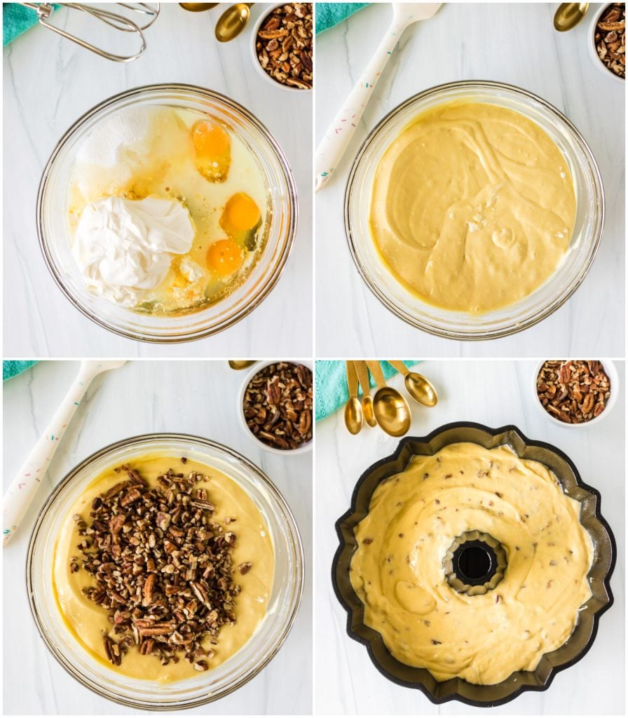 collage of overhead shots of the process of mixing cake in a bowl
