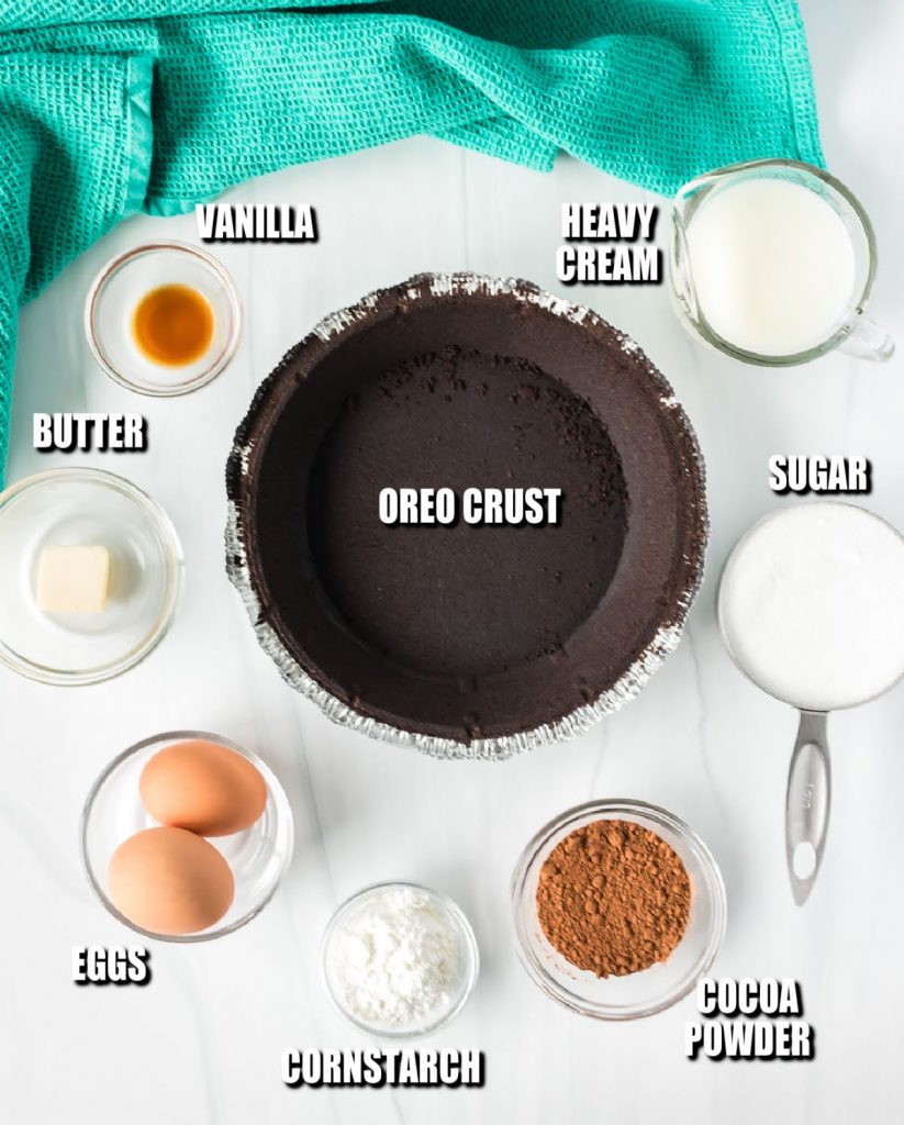 overhead shot of ingredients laid out to make chocolate cream pie