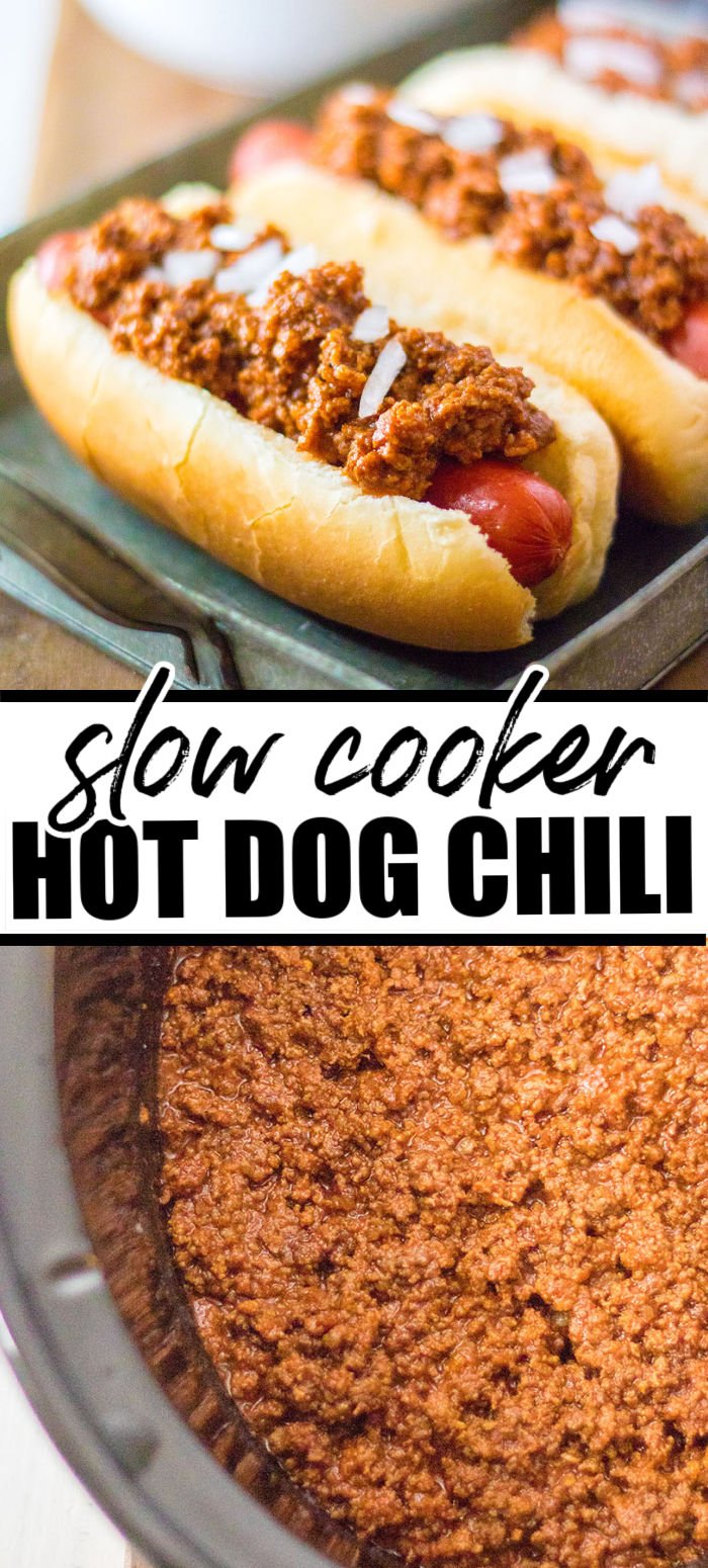 Full of flavor, this Crockpot Hot Dog Chili makes an ordinary hot dog extra delicious. Made in the slow cooker, it is the perfect addition to a hot dog bar with toppings, or serving on top of fries or burgers! | www.persnicketyplates.com