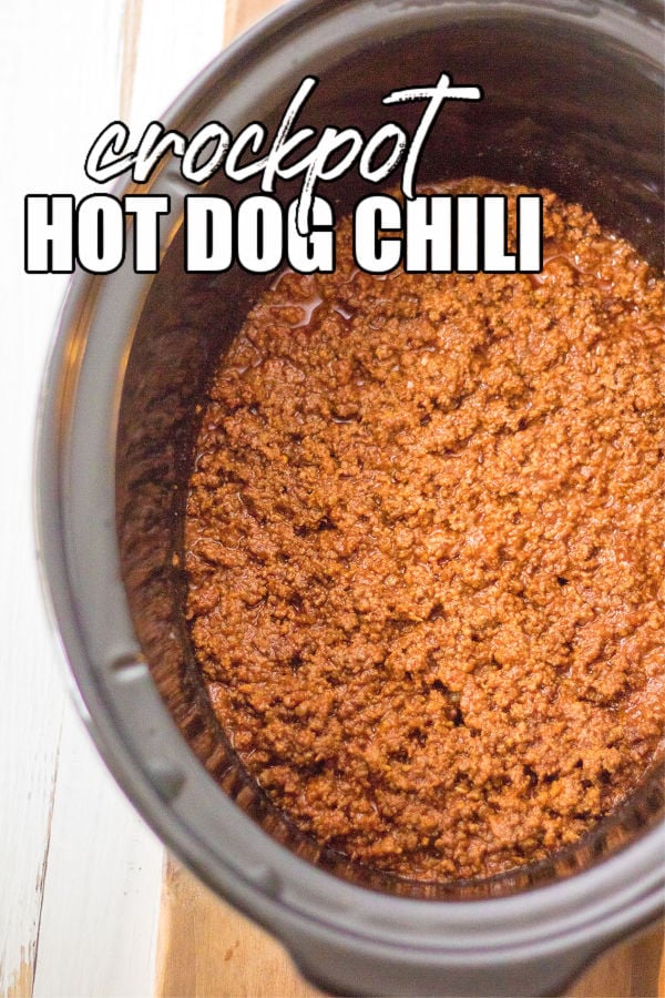 overhead shot of slow cooker filled with hot dog chili