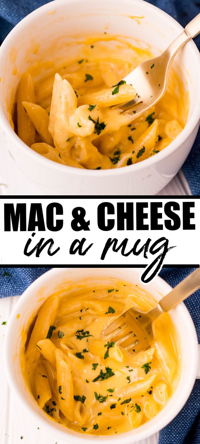 Short on time but want macaroni and cheese? This Mac and Cheese in a Mug takes only FIVE minutes to make in the microwave and will satisfy all cheesy cravings! | www.persnicketyplates.com