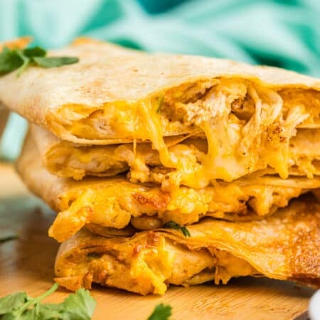 stack of chicken & cheese quesadillas.