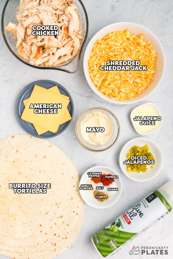 overhead shot of labeled ingredients laid out to make copycat taco bell quesadillas.