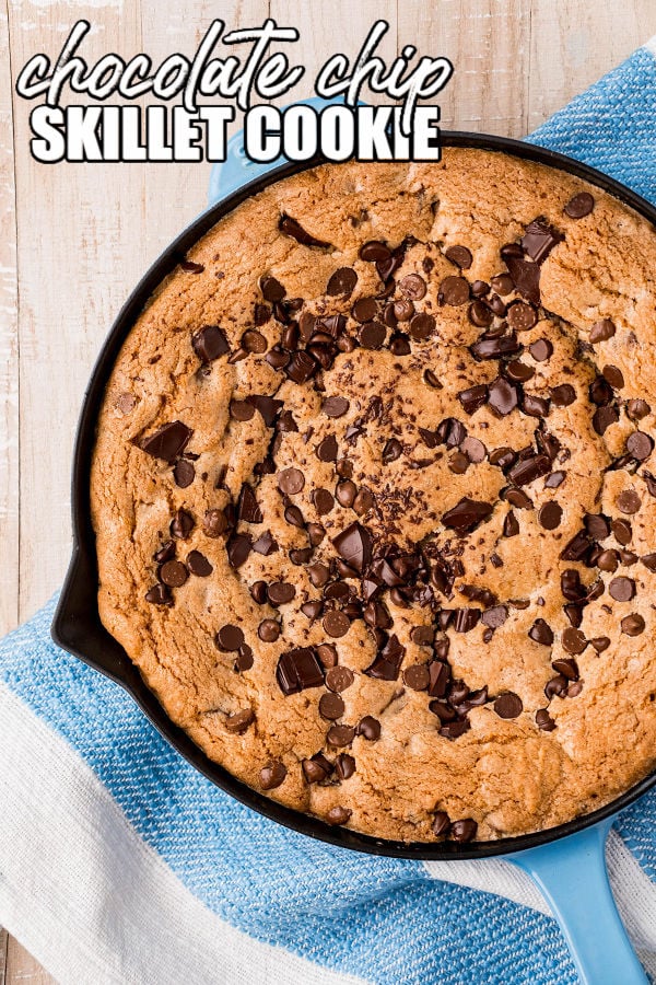 overhead shot of chocolate chip skillet cookie
