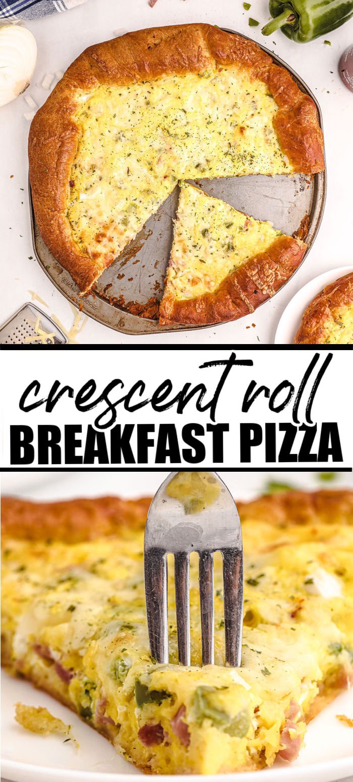 This easy Breakfast Pizza has a crescent roll crust and is topped with eggs, ham, green peppers, and pepper jack cheese. Easy to feed a group and easily customizable to suit your family!  | www.persnicketyplates.com