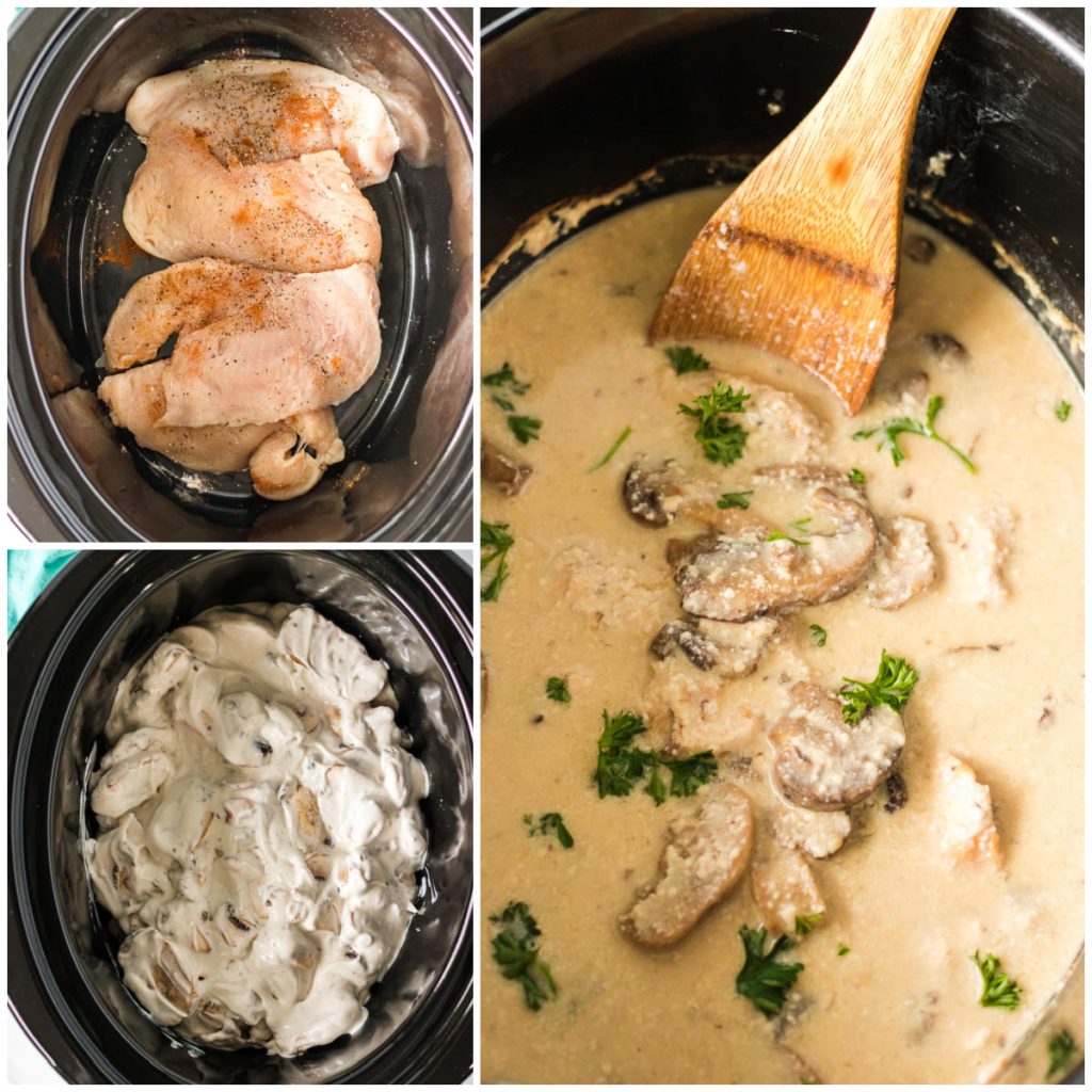 collage of chicken in a slow cooker with creamy mushroom sauce