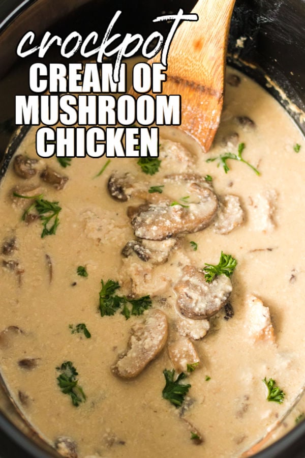 overhead shot of mushroom chicken in a slow cooker with a wooden spoon