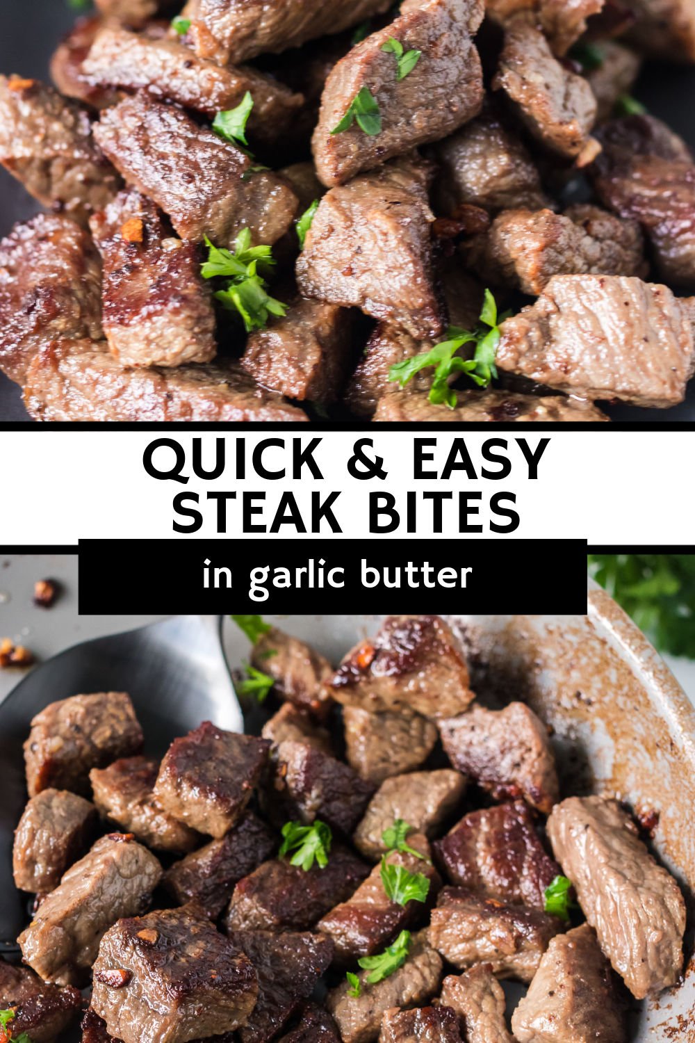 Garlic Steak Bites take just minutes to prepare...and minutes to eat! Served as a main dish with sides or as an appetizer, these bites are perfectly seasoned with just salt, pepper, garlic, and butter. | www.persnicketyplates.com