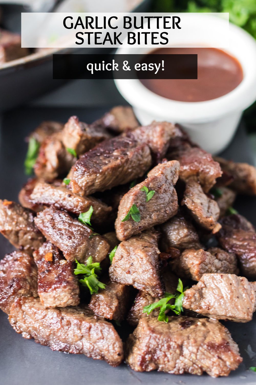 Garlic Steak Bites take just minutes to prepare...and minutes to eat! Served as a main dish with sides or as an appetizer, these bites are perfectly seasoned with just salt, pepper, garlic, and butter. | www.persnicketyplates.com