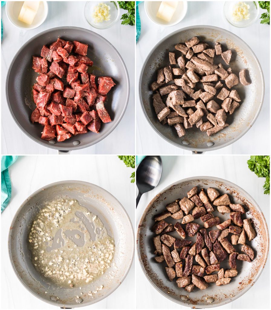 collage of four pics showing the process of making steak bites in a skillet