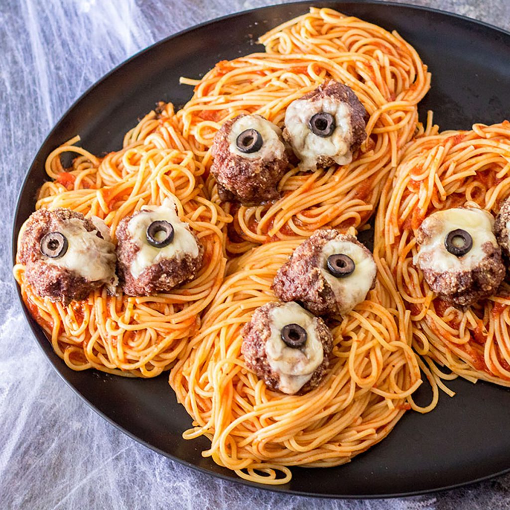 Spooky Spaghetti & Cheese Stuffed Eyeball Meatballs