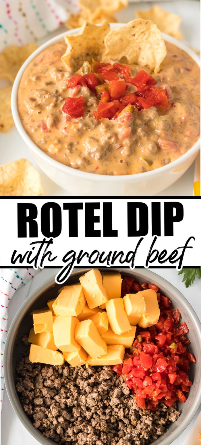 Rotel Dip with Ground Beef has only THREE ingredients and is cheesy, beefy, and a little bit spicy - perfect for any party! Throw this easy dip together and your guests will be asking for the recipe. | www.persnicketyplates.com