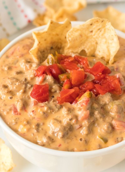 white bowl of rotel dip topped with tomatoes and chips stuck in
