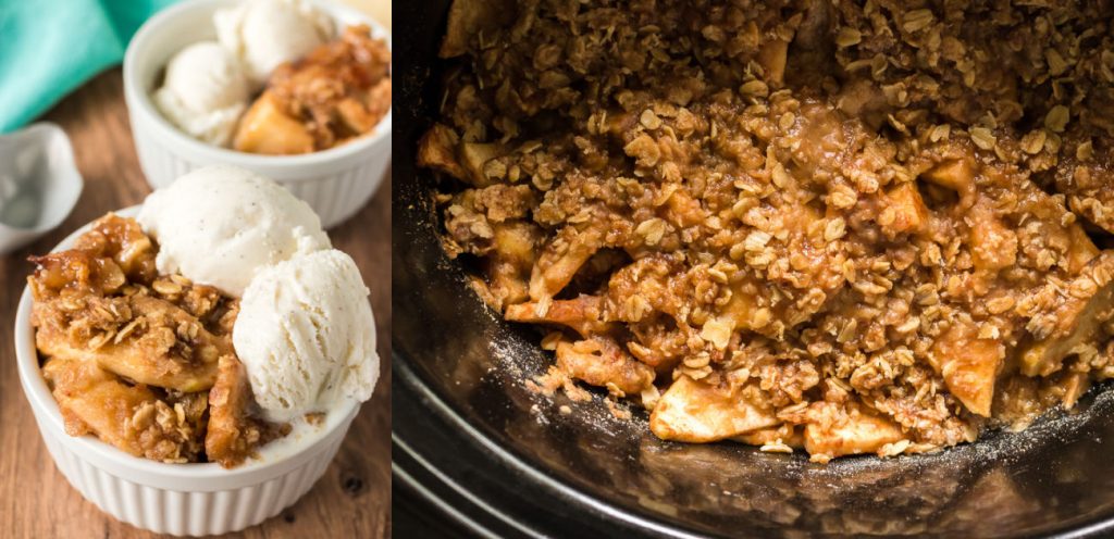 collage of slow cooker apple crisp