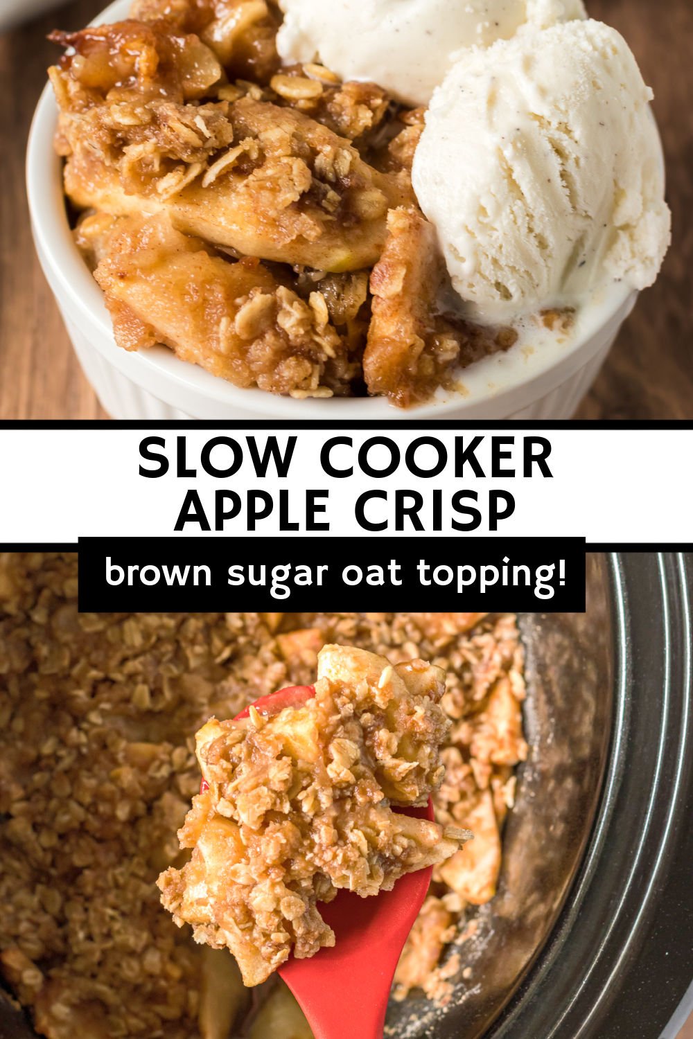 Easy Slow Cooker Apple Crisp with brown sugar cinnamon oat topping is the perfect way to use some of your favorite apples. Served warm or cold, this dessert is a favorite! | www.persnicketyplates.com