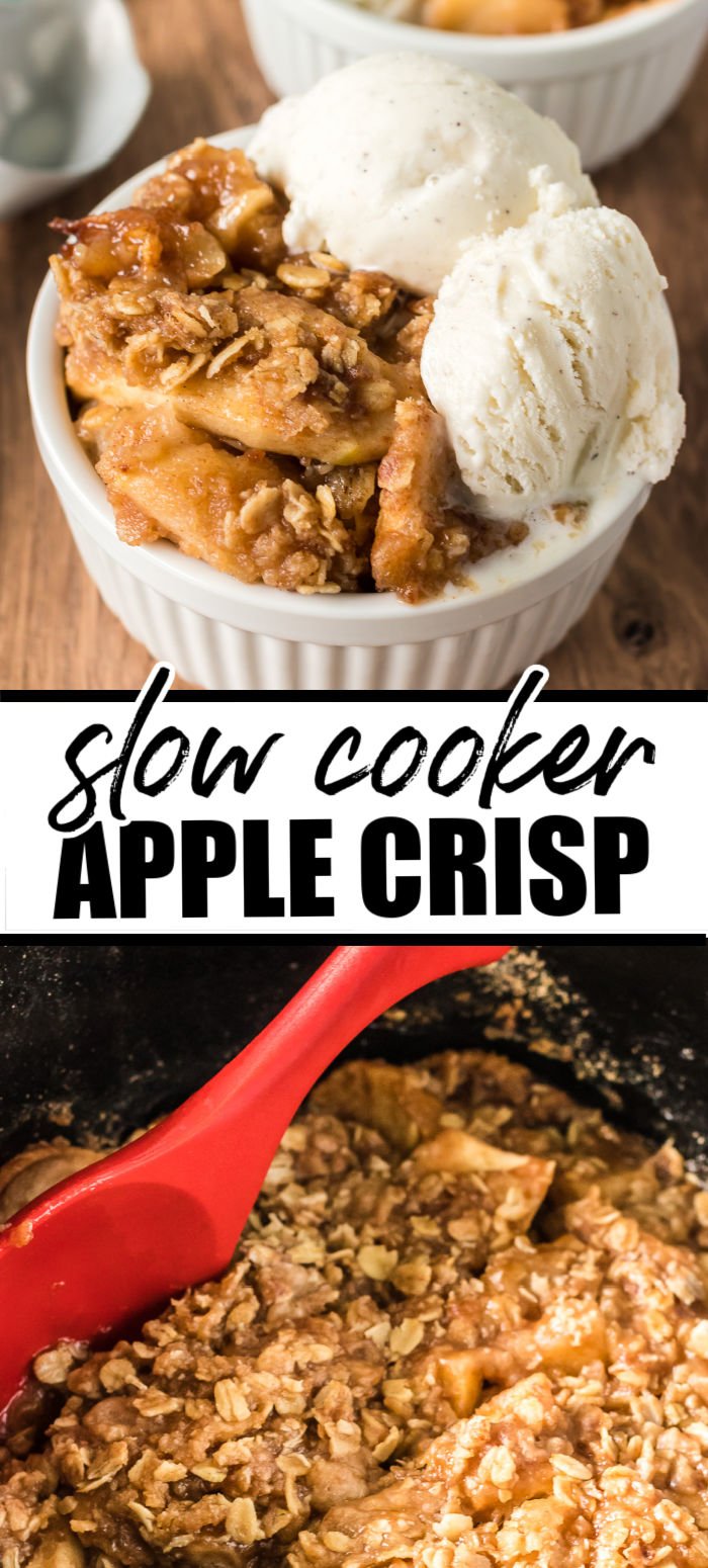 Easy Slow Cooker Apple Crisp with brown sugar cinnamon oat topping is the perfect way to use some of your favorite apples. Served warm or cold, this dessert is a favorite! | www.persnicketyplates.com