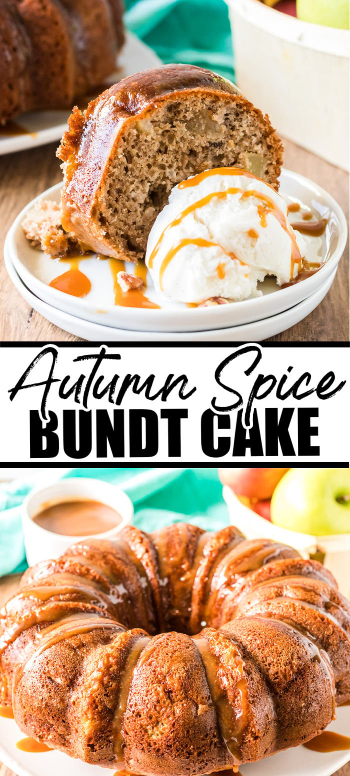 This autumn caramel apple pecan & cinnamon spice bundt cake starts with a cake mix so it's extra easy. Served warm with a scoop of vanilla ice cream and drizzled with caramel sauce, you'll love this fall dessert. | www.persnicketyplates.com