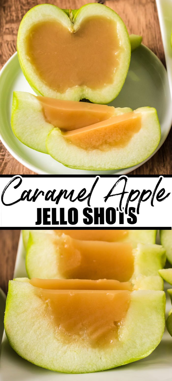 Caramel Apple Jello Shots, made inside a Granny Smith apple, can be made with either butterscotch schnapps or caramel flavored vodka. Fun, delicious, and perfect for a party or tailgate! | www.persnicketyplates.com