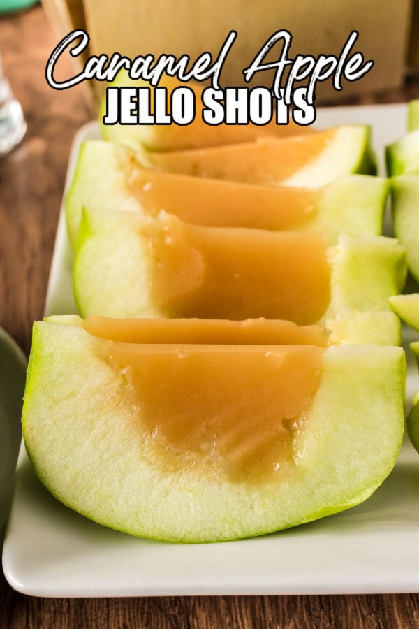 plate of caramel apple jello shots with text reading "caramel apple jello shots"