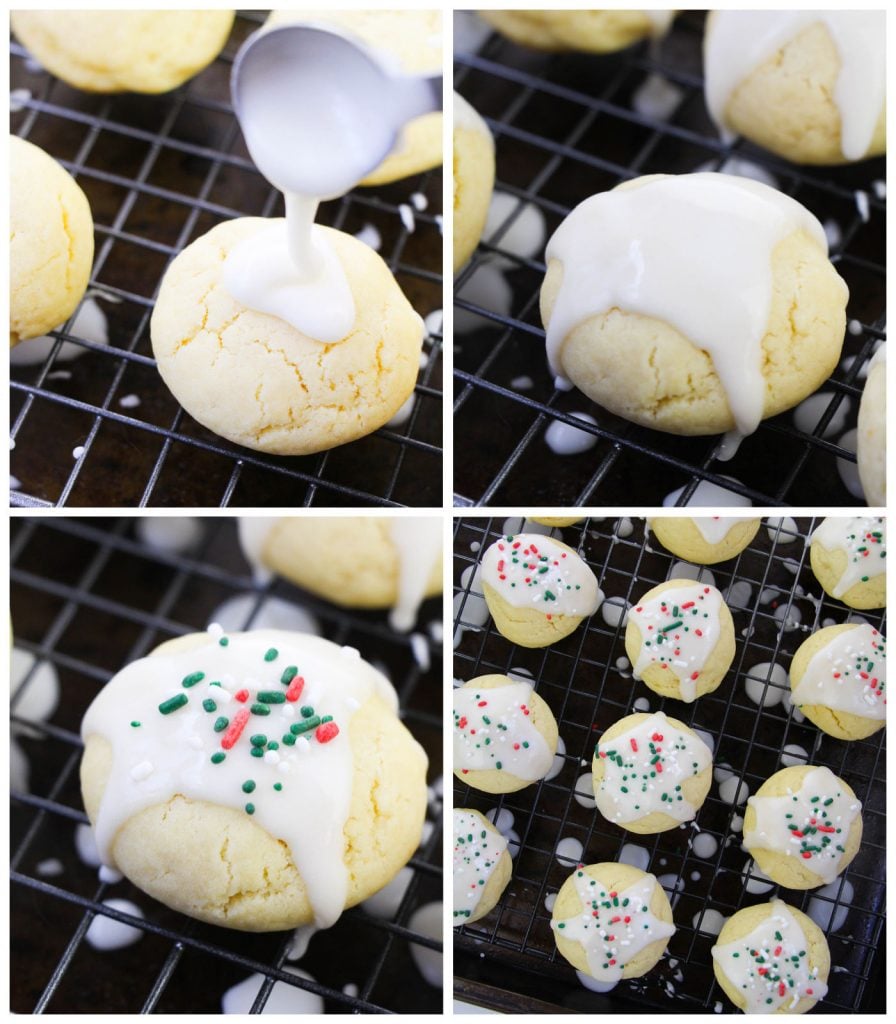 collage of icing being drizzled over cookies on a cooling rack