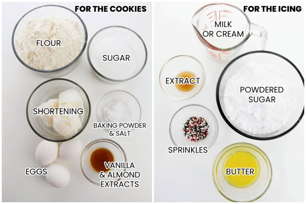 collage of ingredients laid out and labeled to make italian sugar cookies
