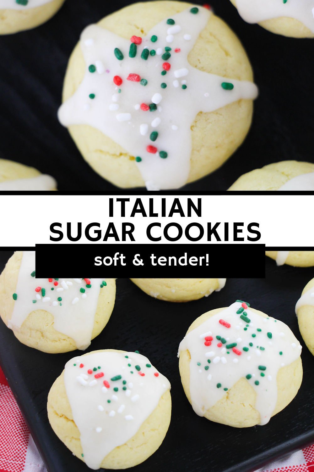 Soft and tender Italian Sugar Cookies are easy to make with just a few ingredients. Dipped in icing and topped with colorful sprinkles, these cookies are perfect for the holidays or any occasion.  | www.persnicketyplates.com