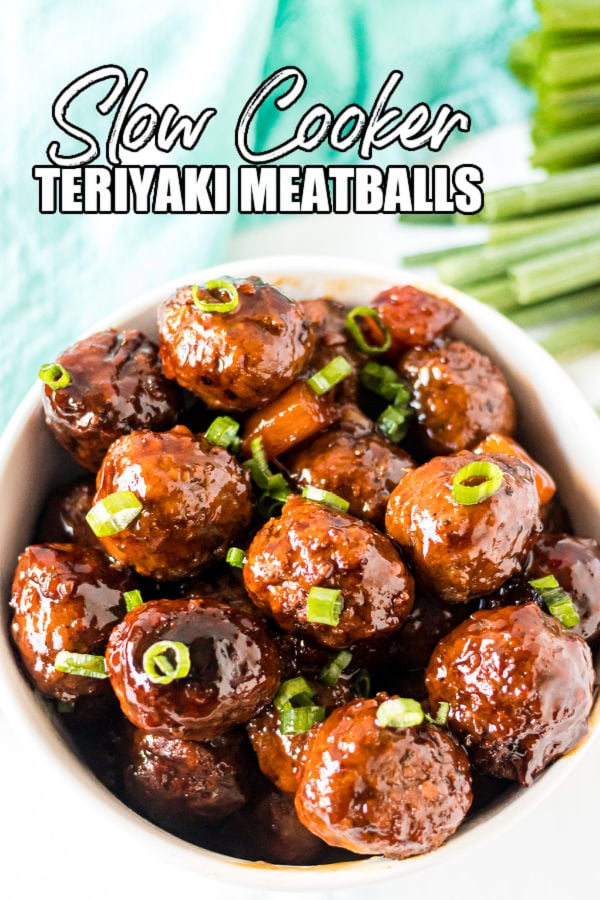 bowl of meatballs topped with green onions with text reading "crockpot teriyaki meatballs"