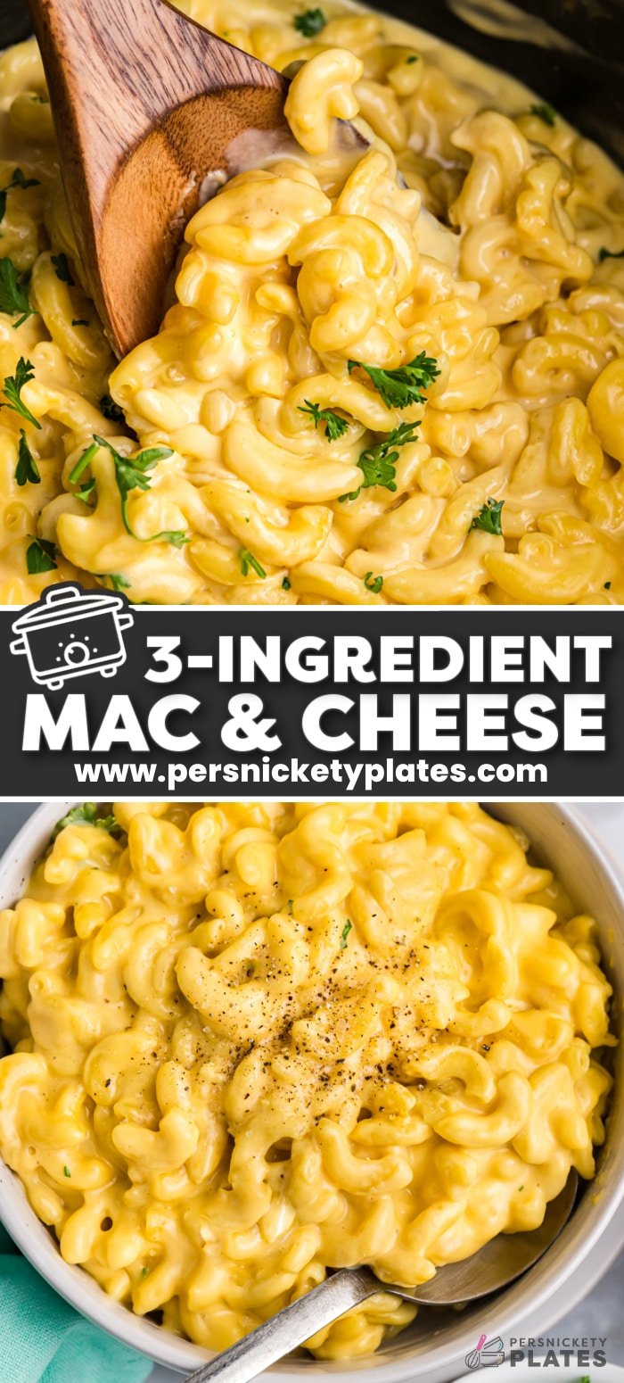 There are only 3 ingredients in this easy, no boil Mac and Cheese and it's made in the slow cooker! No butter or flour but full of creamy, cheesy flavor that only takes minutes to prep. | www.persnicketyplates.com