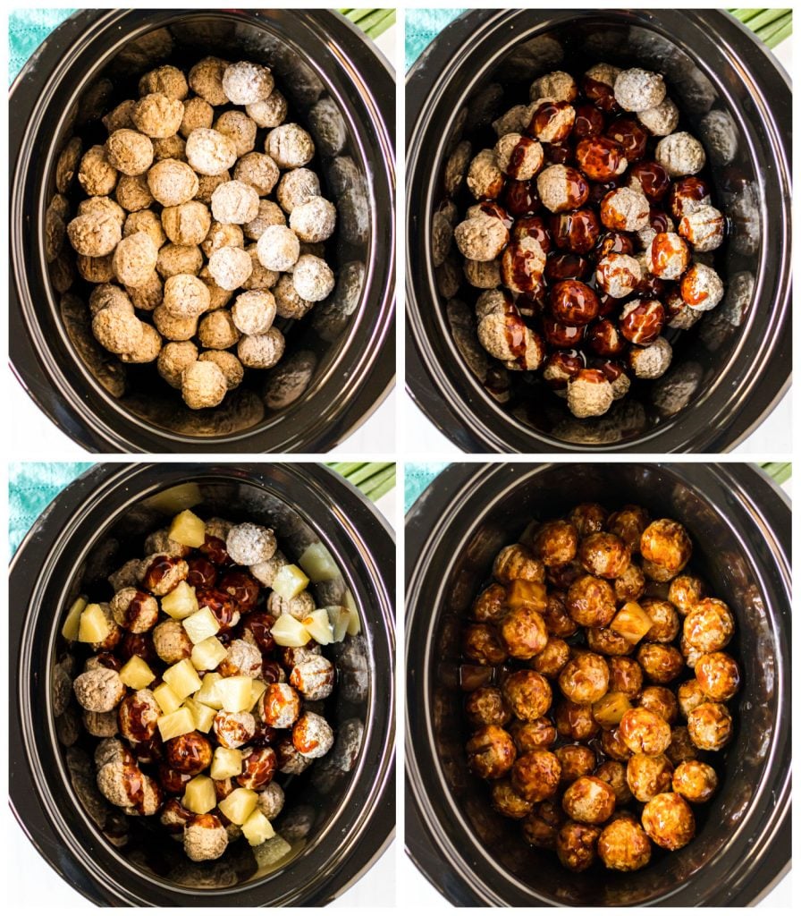 collage of overhead shots showing frozen meatballs in slow cooker making teriyaki meatballs