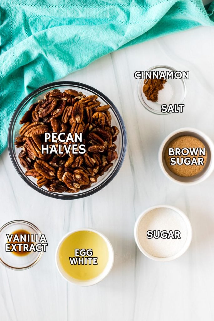 overhead shot of ingredients in bowls to candy pecans
