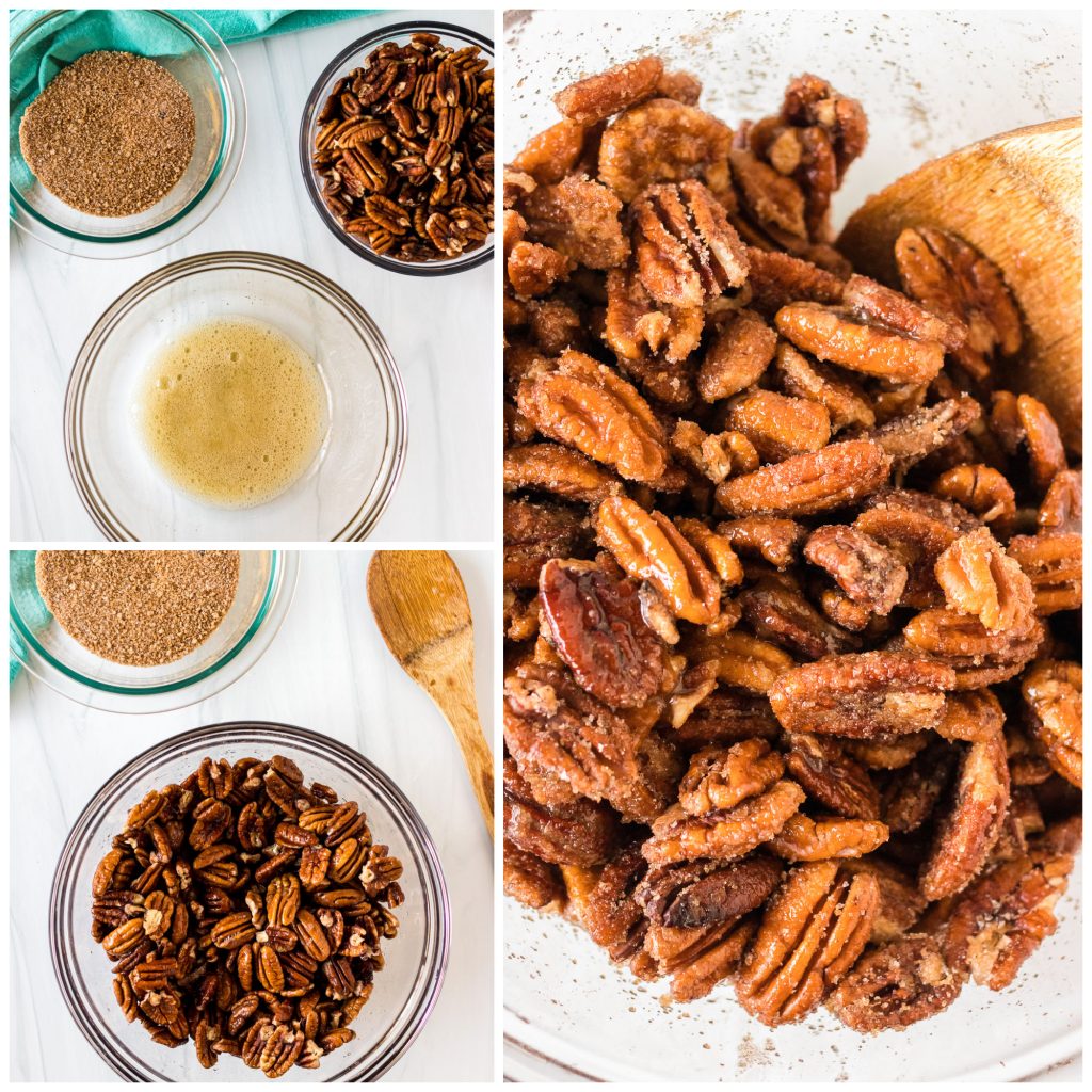 collage of three photos showing the process of how to candy pecans