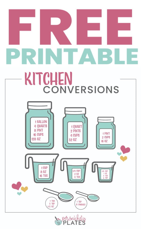 Kitchen conversions - the bane of most home chefs' existence. This post will give you common cooking and baking conversions to reference the next time you're modifying a recipe. Also included, a handy printable to hang in your kitchen! | www.persnicketyplates.com