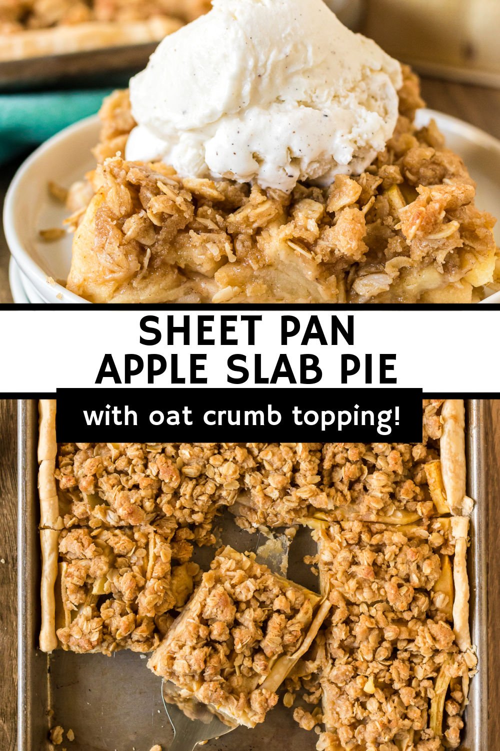 Apple season is in full swing, and what better way to celebrate than with a delicious apple slab pie? Gooey cinnamon and brown sugar apples baked on top of a buttery pie crust and finished off with a delightful oat crumble - make this easy sheet pan apple pie a fall staple! | www.persnicketyplates.com