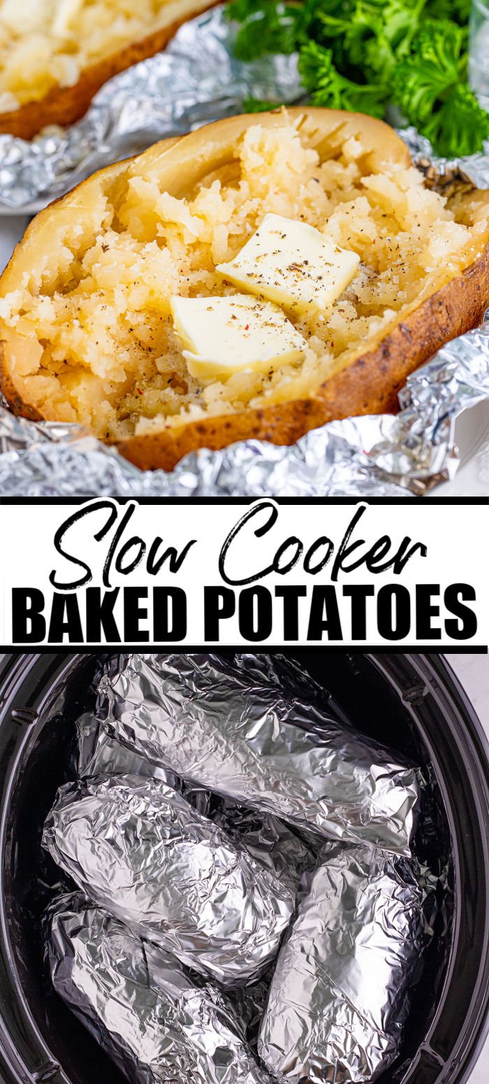 Slow cooked baked potatoes infused with olive oil, kosher salt, and pepper. They're soft, tender, and melt in your mouth delicious! Get a restaurant-quality baked potato at home in your crockpot! Enjoy them as-is or with your favorite toppings. | www.persnicketyplates.com