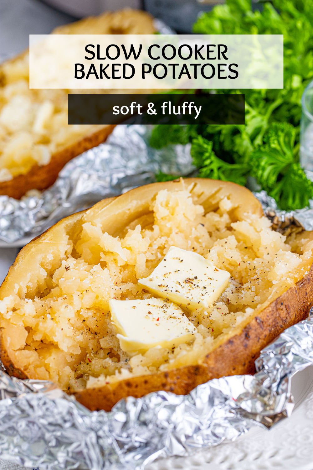 Slow cooked baked potatoes infused with olive oil, kosher salt, and pepper. They're soft, tender, and melt in your mouth delicious! Get a restaurant-quality baked potato at home in your crockpot! Enjoy them as-is or with your favorite toppings. | www.persnicketyplates.com